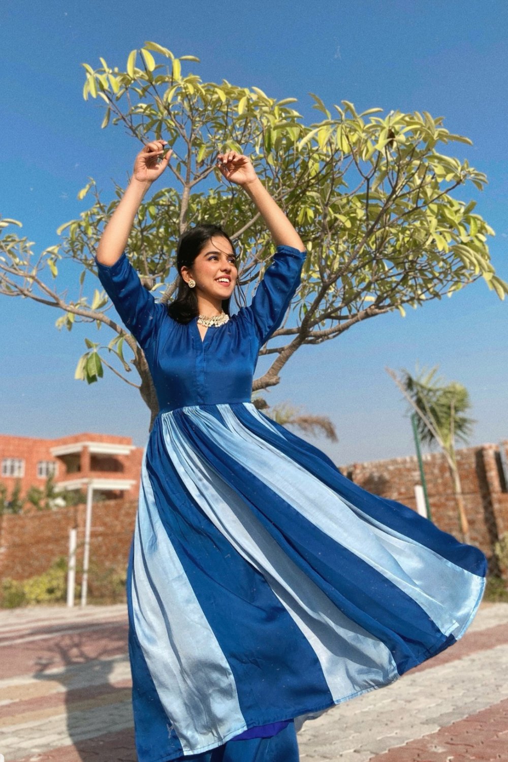 Electric Sky Blue Colorblocked Kurta Set with Wide-Leg Pants