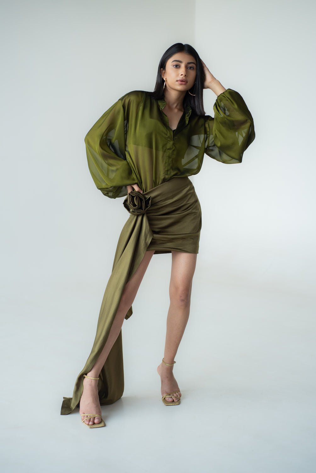 Army Green Georgette Flowy Blouse with Voluminous Sleeves