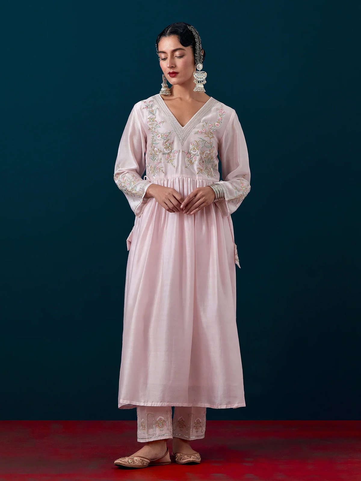 Pink Silk Chanderi Embroidered Yoke Kurta Set