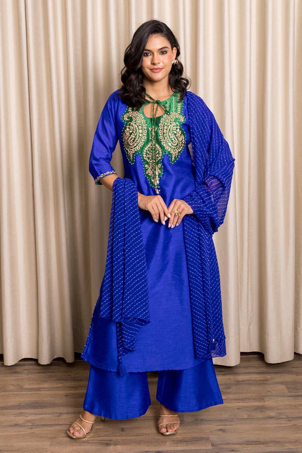 Royal Blue Silk Embroidered Yoke Kurta Set