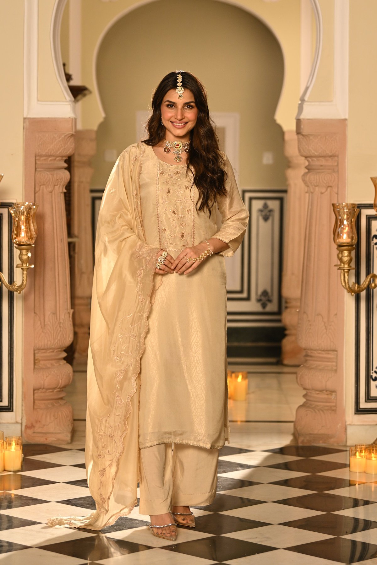 Cream Premium Muslin Silk Jacquard Embroidery Set