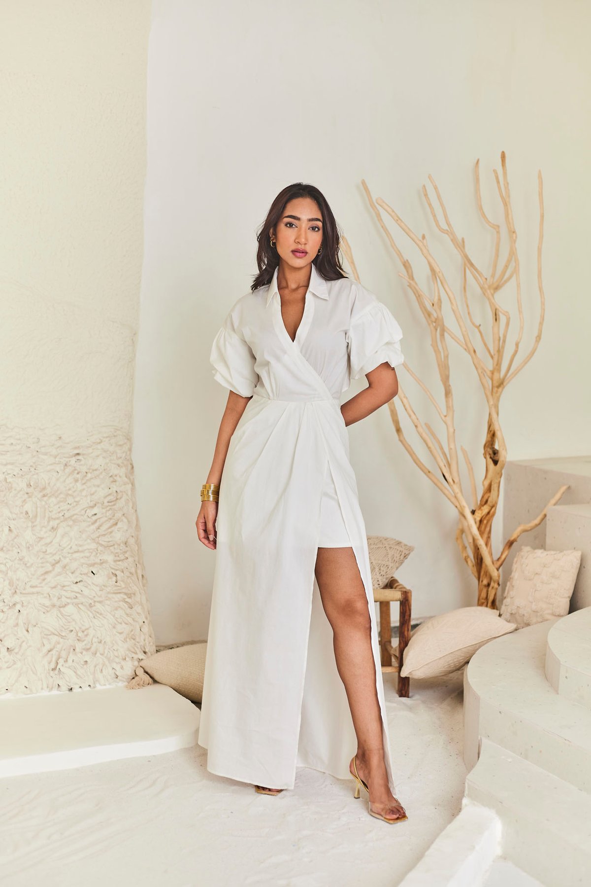 White Poplin Maxi Shirt Dress with Puff Sleeves and Slit