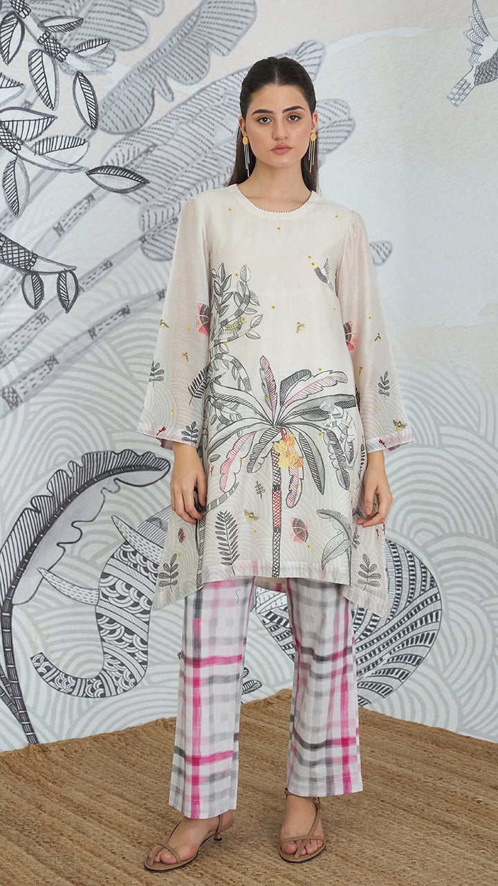 Grey Printed High-Low Tunic and Check Pants Co-ord Set