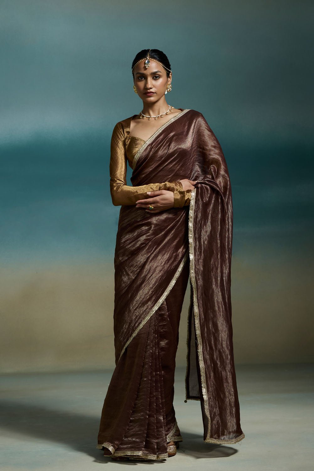 Brown Gold Zari Chanderi Saree with Lace Sequin Border