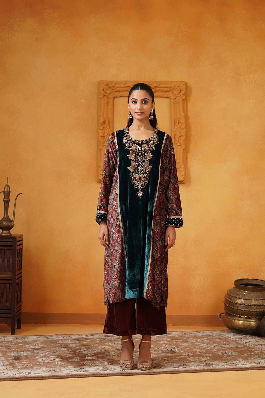 Blue Velvet Embroidered Straight Kurta Set with Palazzo