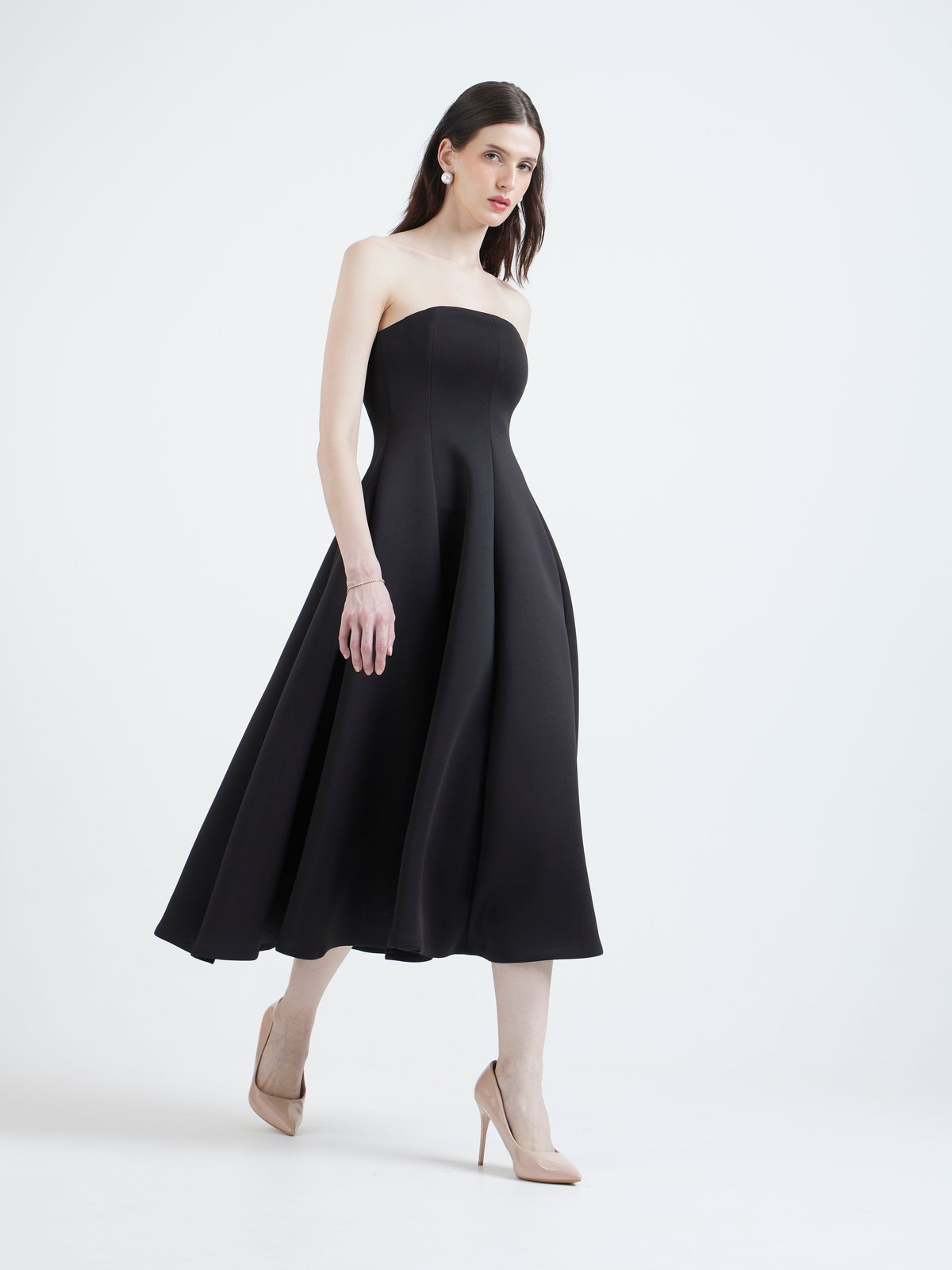 Black Strapless Fit and Flare Midi Dress
