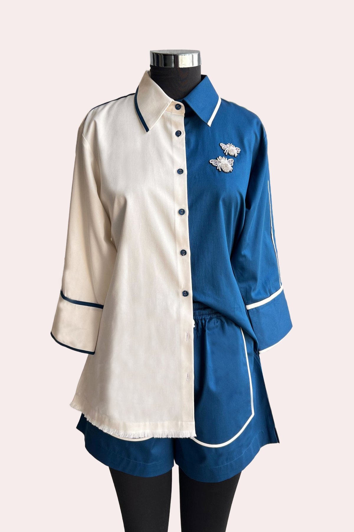 White and Blue Colorblocked Shirt and Shorts Co-ord Set