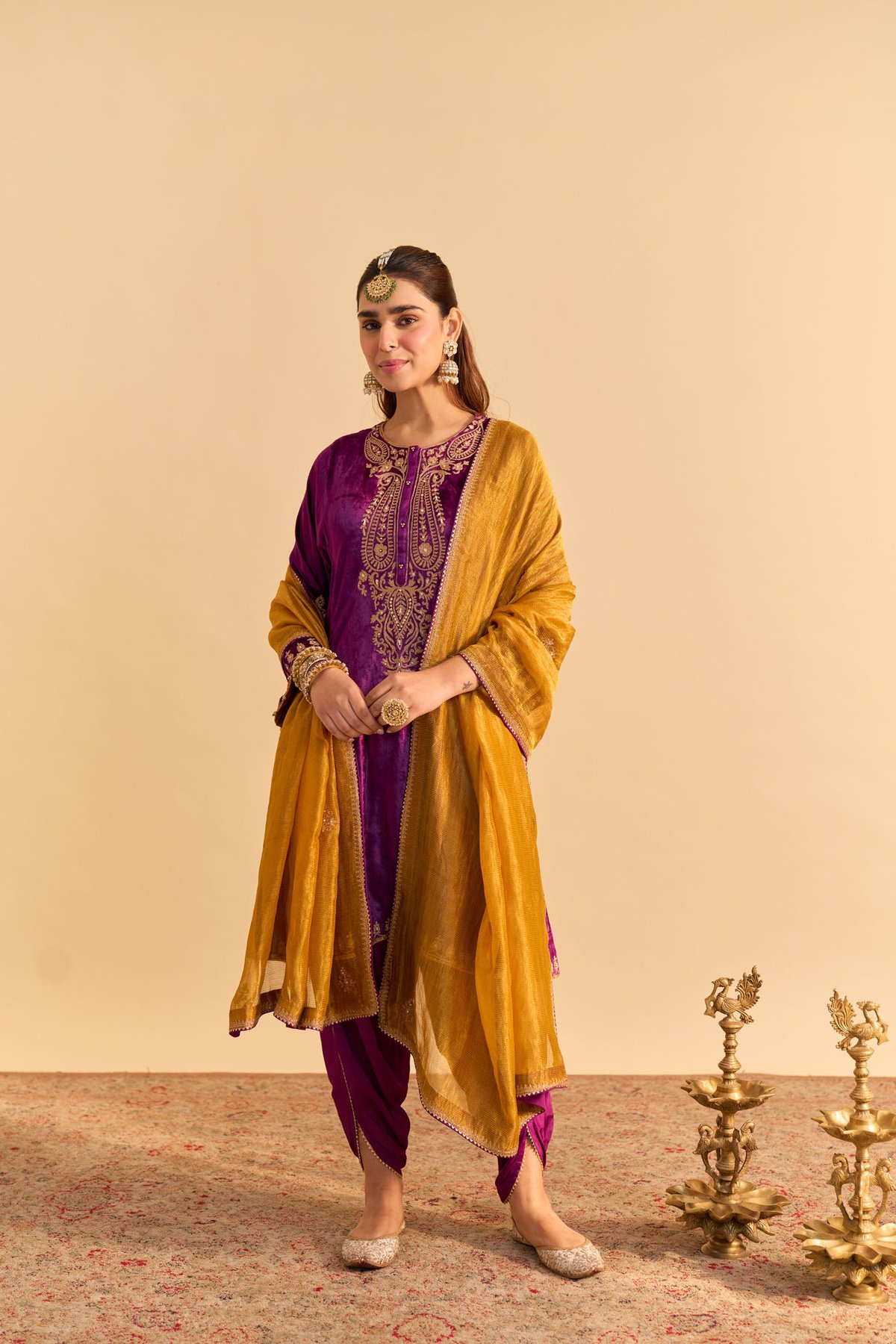 Deep Purple Velvet Silk A-Line Kurta Set with Dhoti