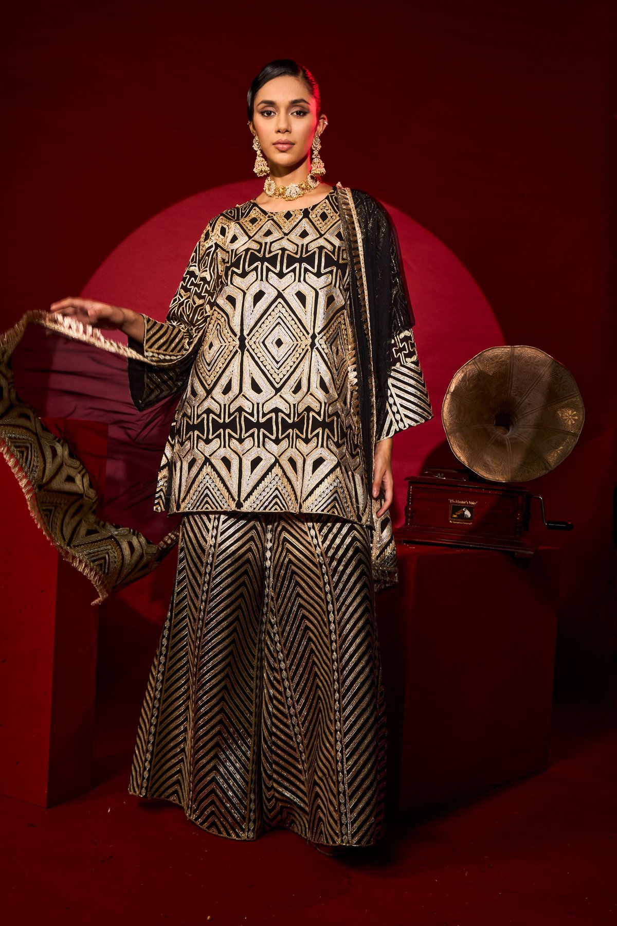 Black and Gold Embroidered Kurta Sharara Set with Dupatta