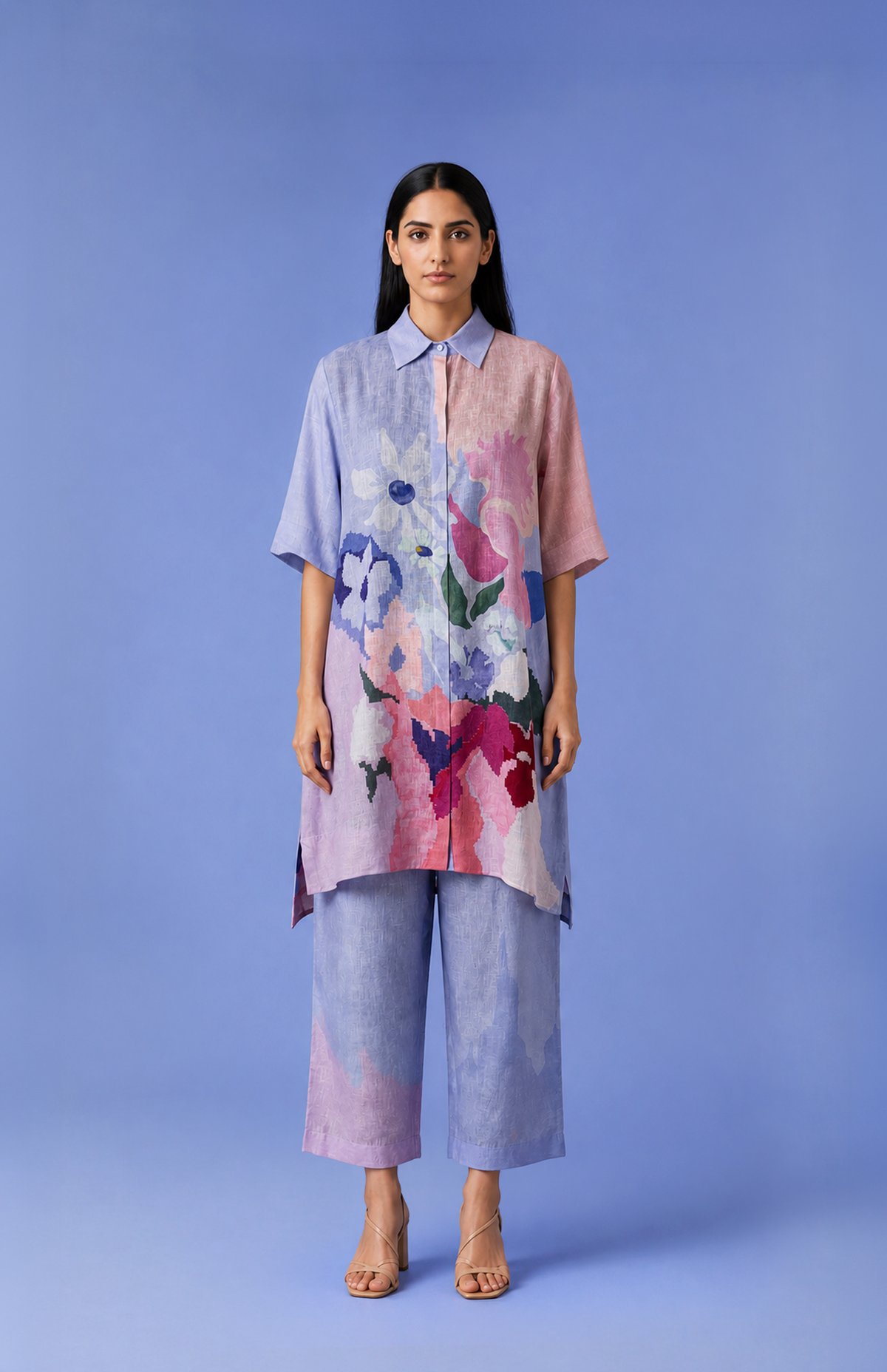 Sky Blue Floral Printed Korean Linen Kurta Set