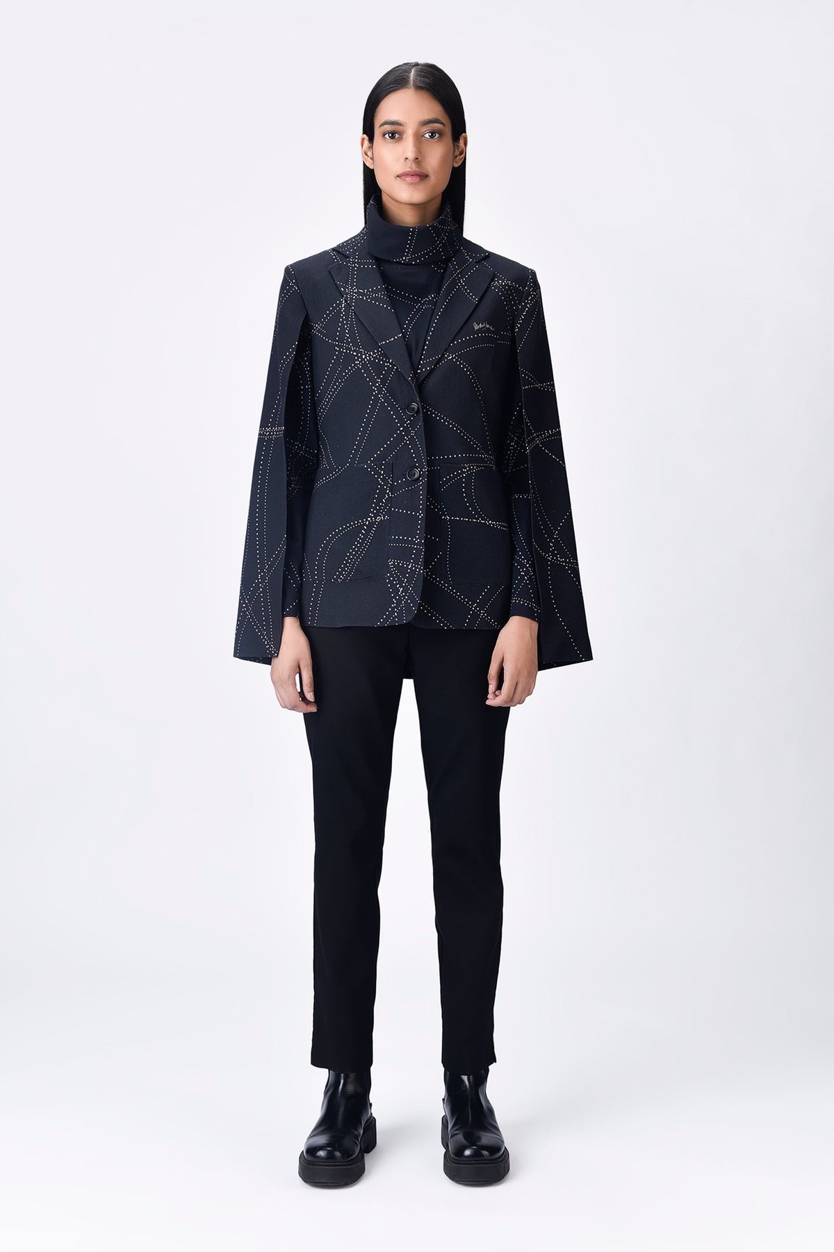 Black Linen Herringbone Cape Sleeve Printed Jacket