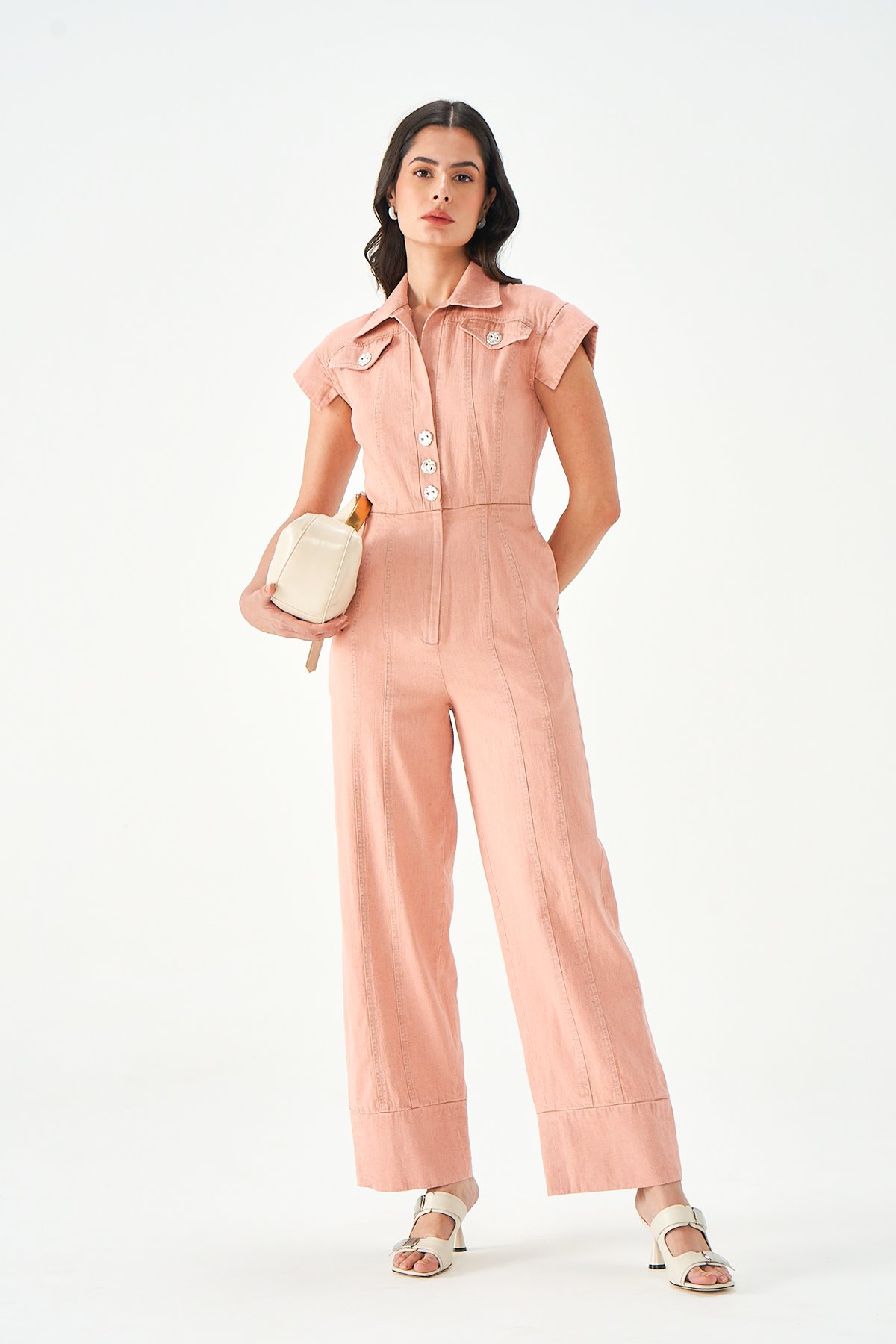 Pink Denim Tailored Wide-Leg Collared Jumpsuit