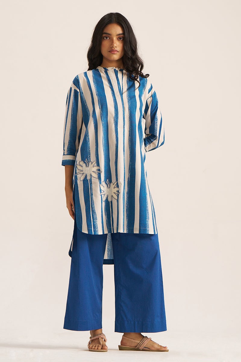 Blue and Cream Striped Kurta and Pants Co-ord Set