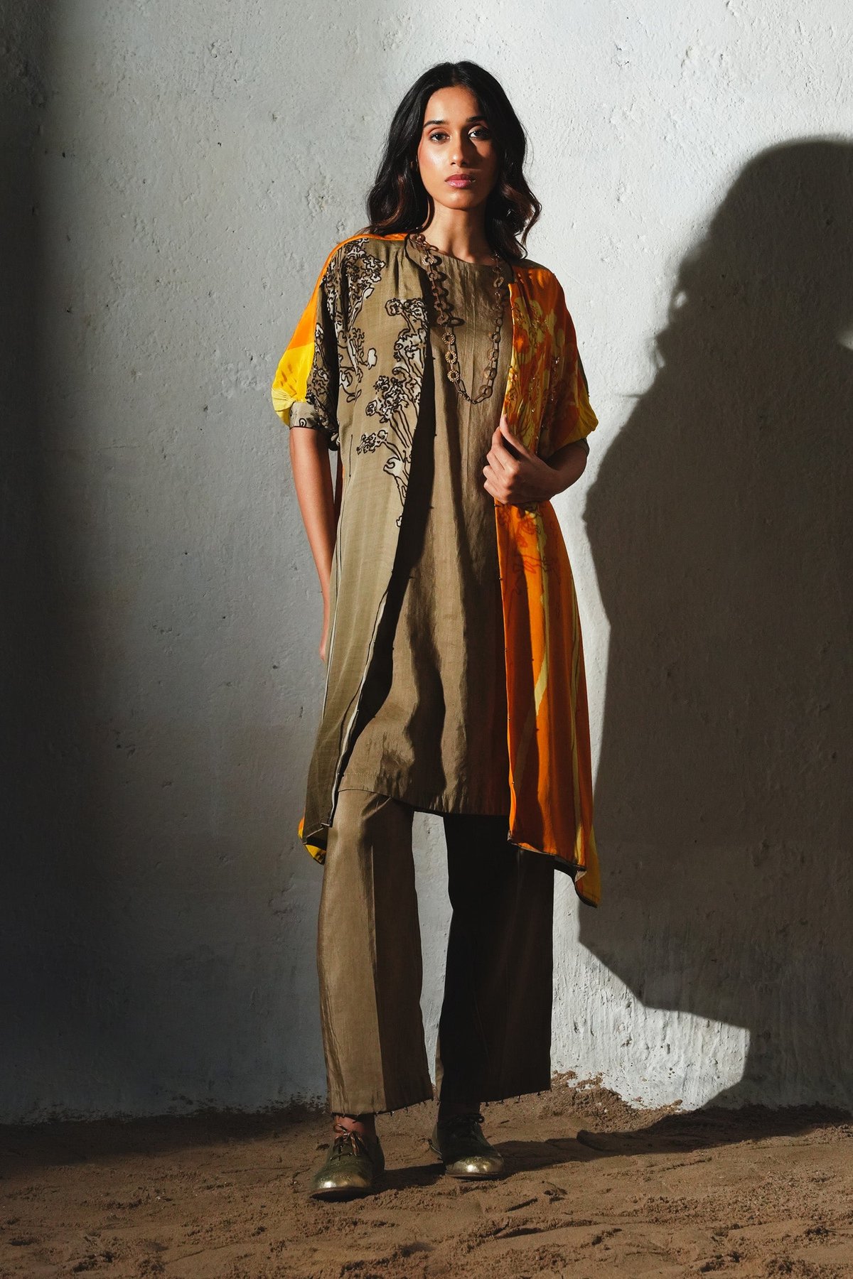 Orange Colorblock 3-Piece Jacket-Style Kurta Set