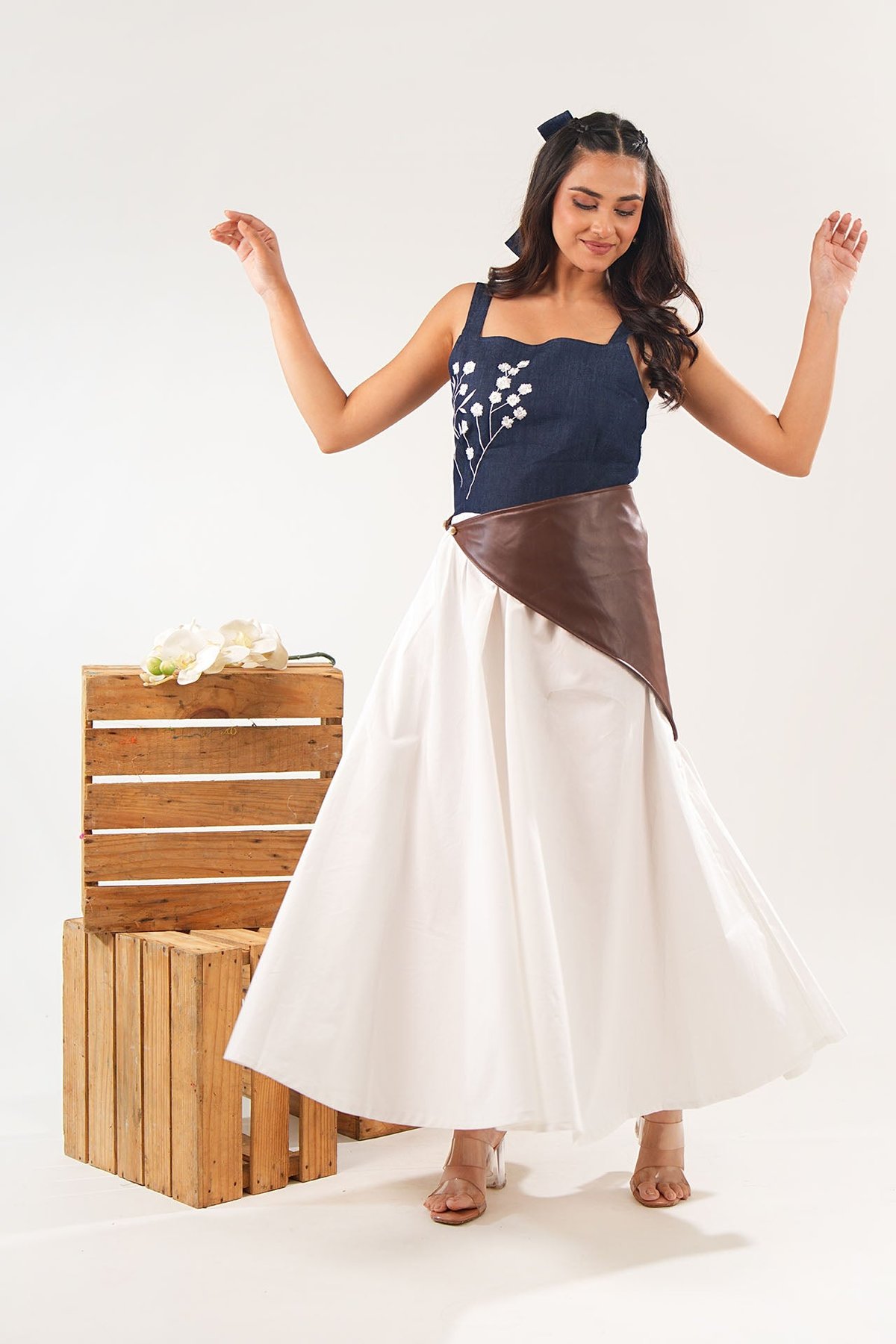 Three-Tone Fit and Flare Maxi Dress with Waist Wrap