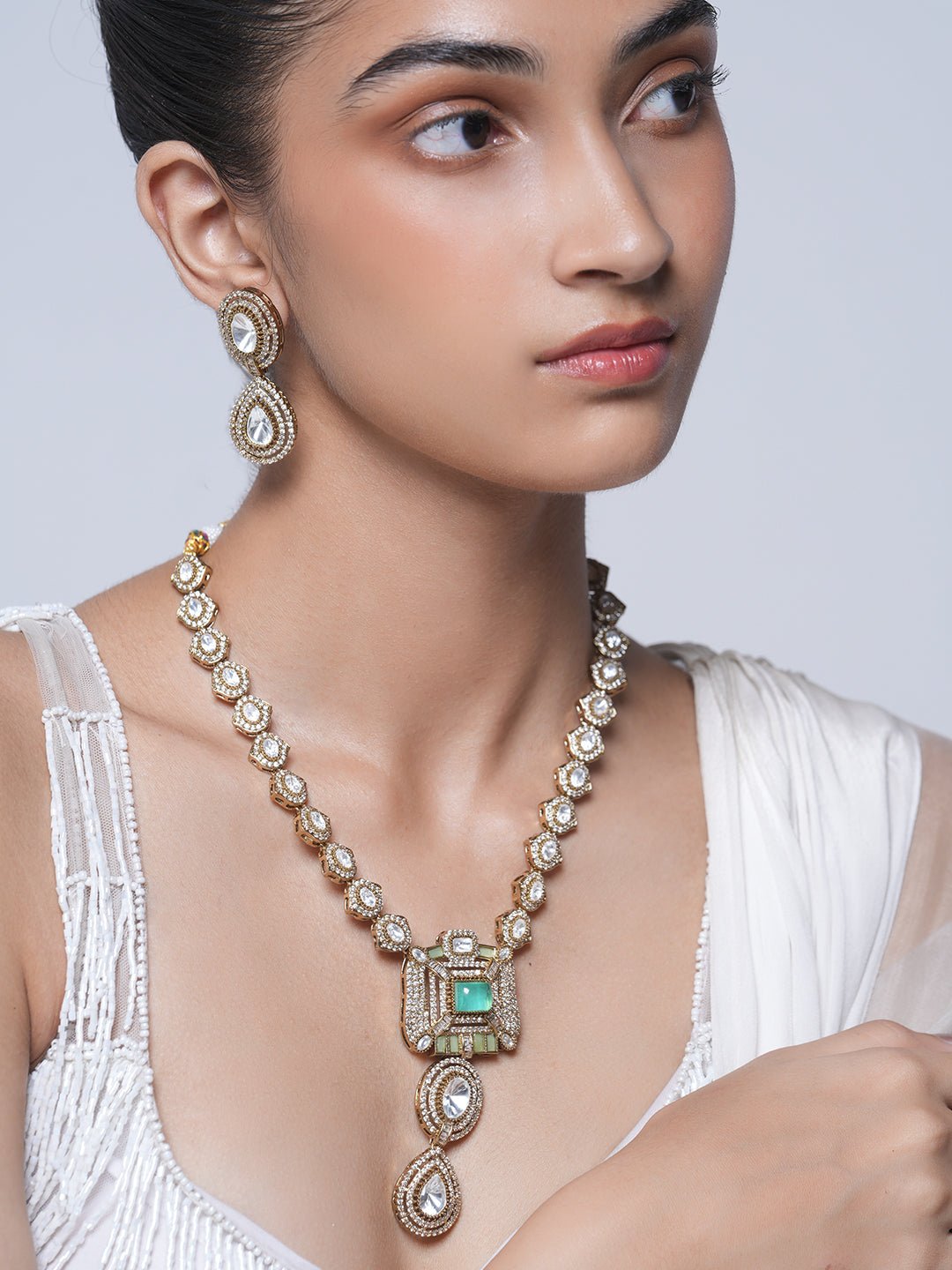 Long Mehendi Polish Kundan Pendant Necklace Set