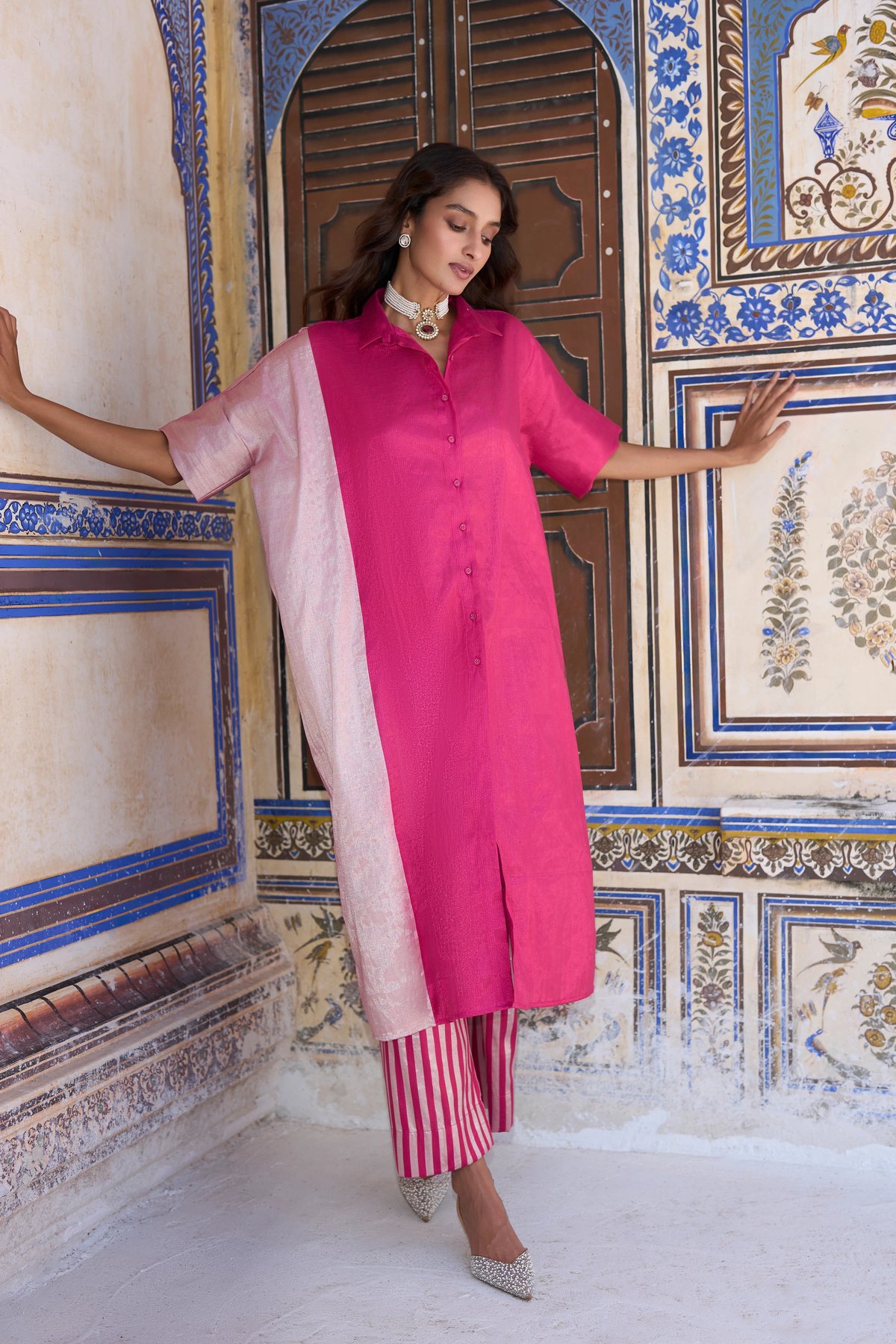 Benares Tissue Colour Blocked Longline Top & Striped Pant Set