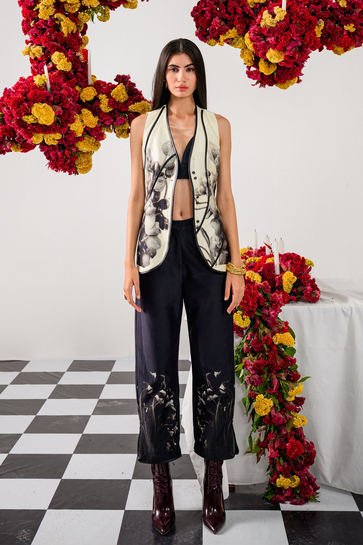 Black Silk Wide-Leg Trousers with Placement Hem Print