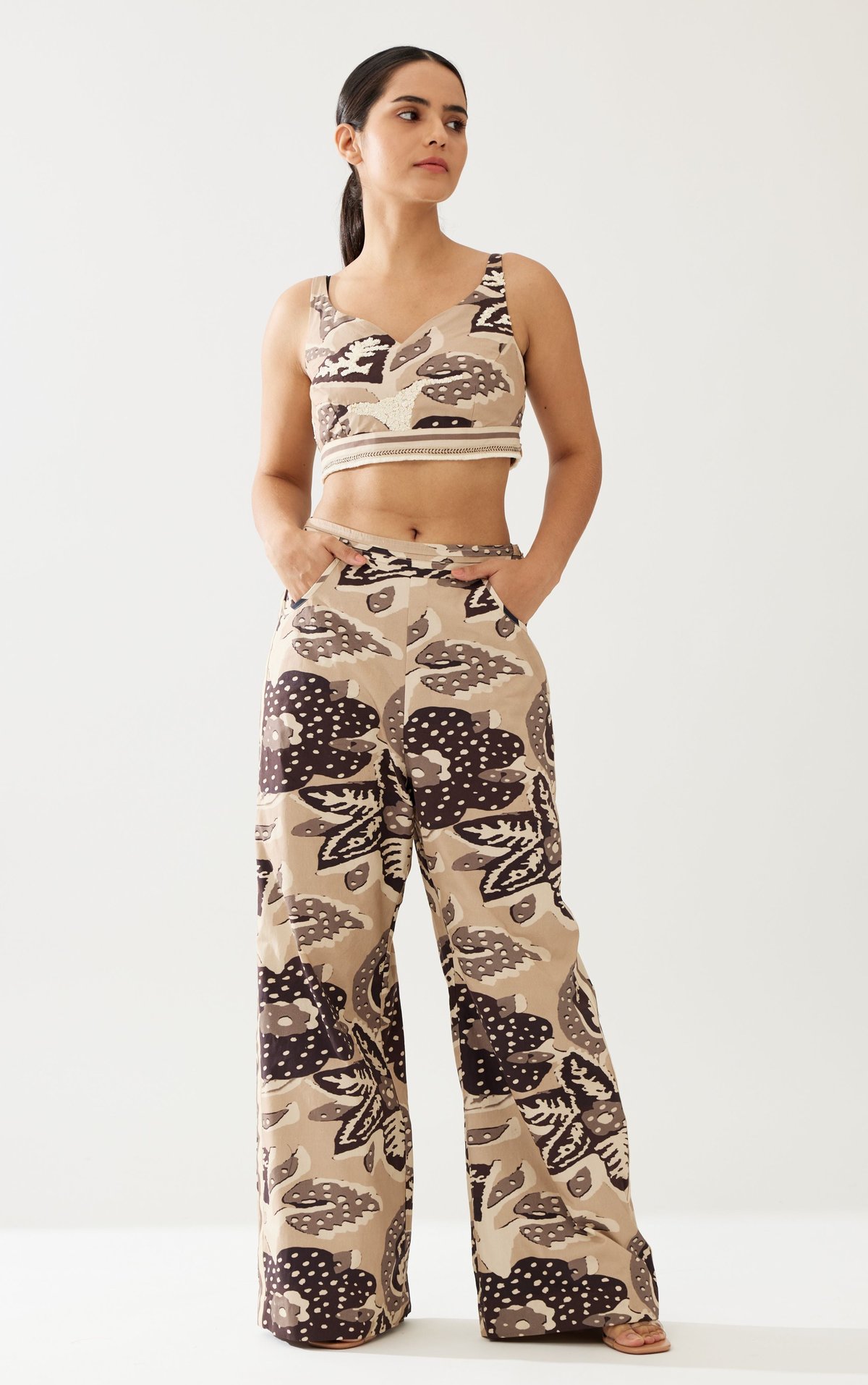 Cream And Dark Brown Floral Pants