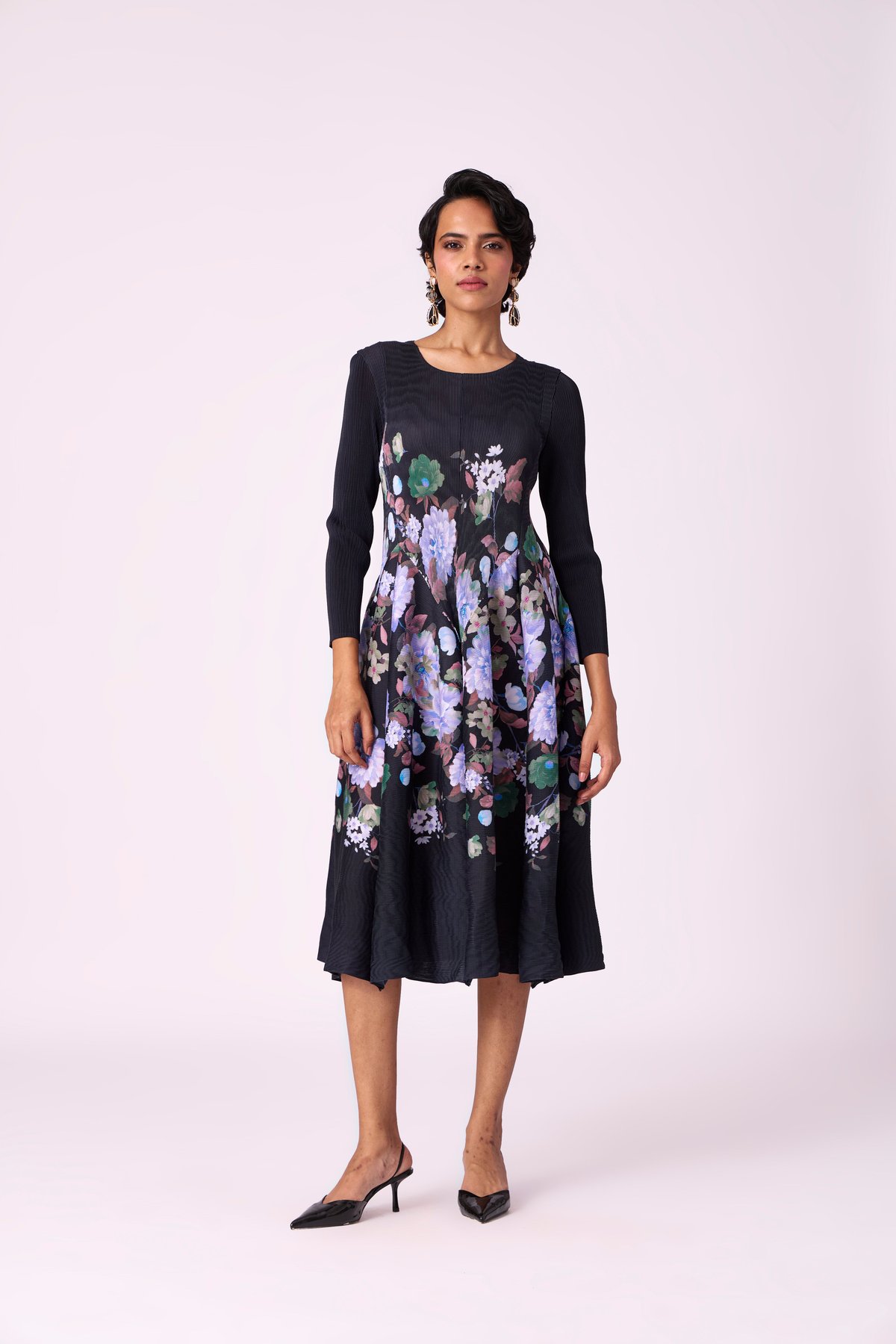 Black Floral Pleated Fit and Flare Midi Dress