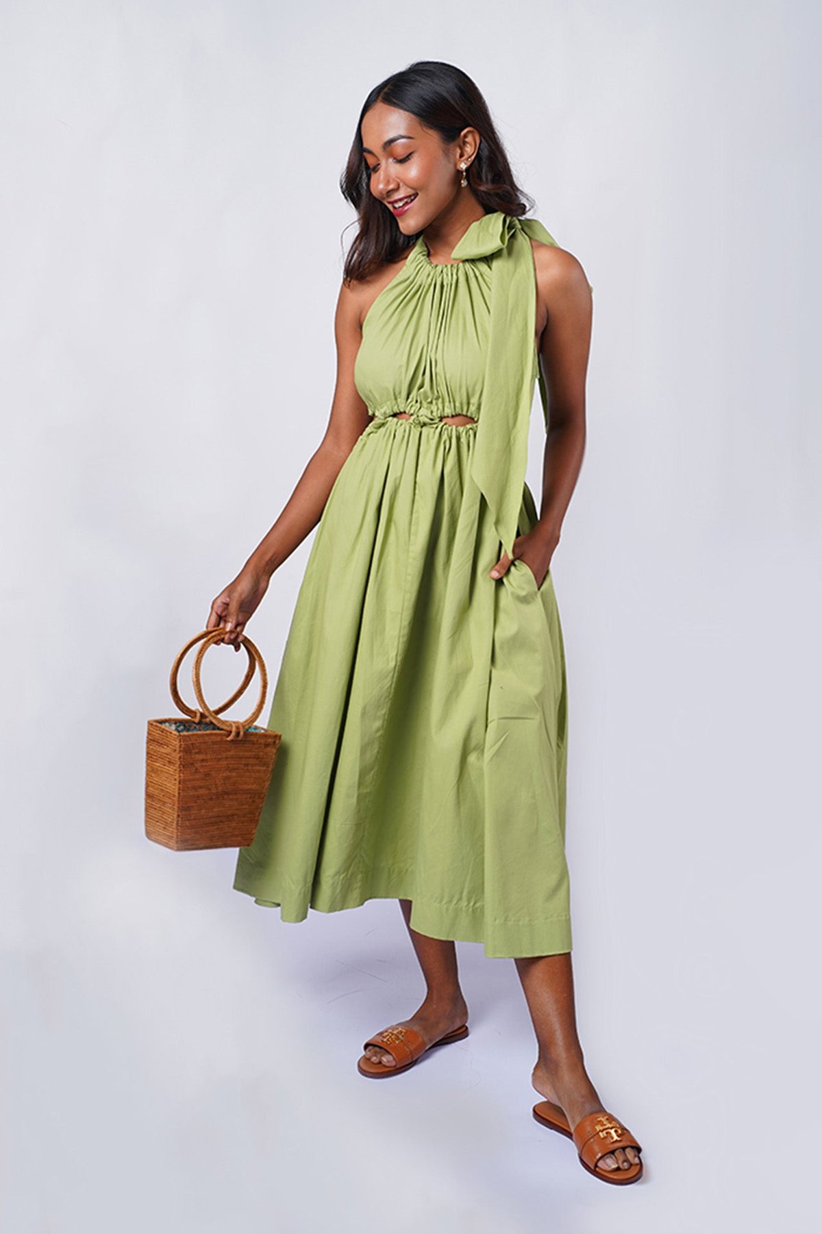 Green Halter Tie-Up Cutout Midi Dress