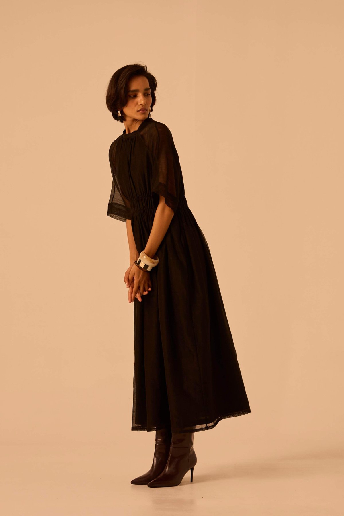 Black Handwoven Chanderi Maxi Dress with Ruched Waist