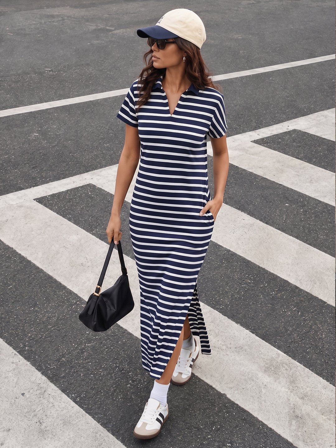 Navy Cotton Stripe Maxi Dress
