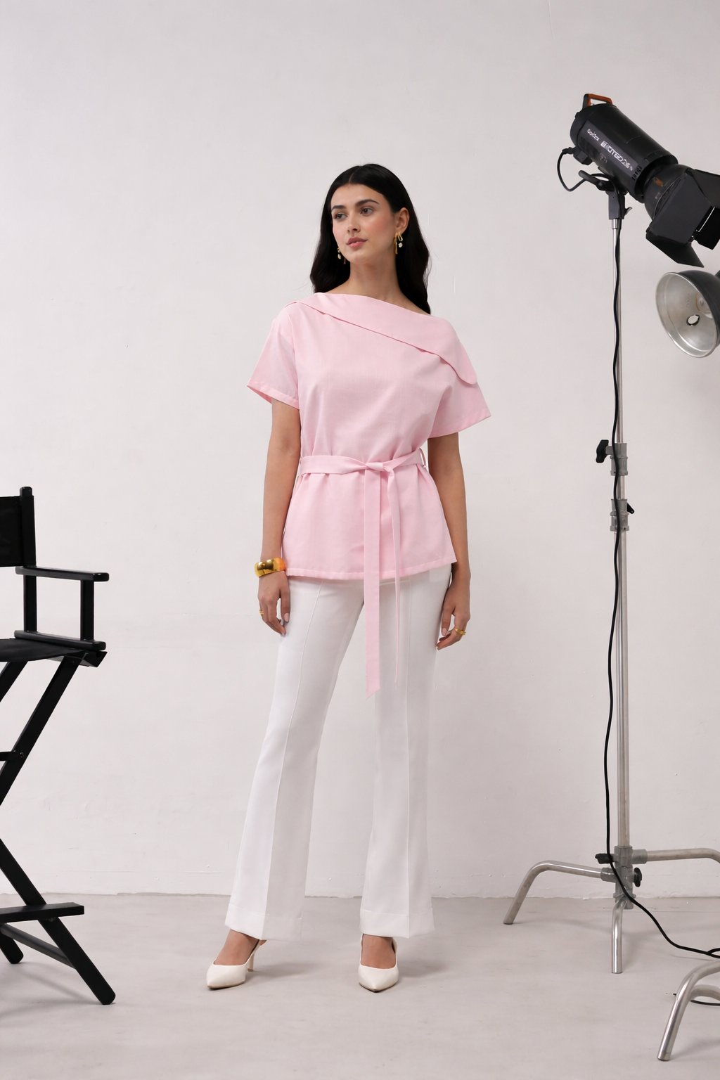 Baby Pink One-Shoulder Co-ord Set with Bootcut Trousers