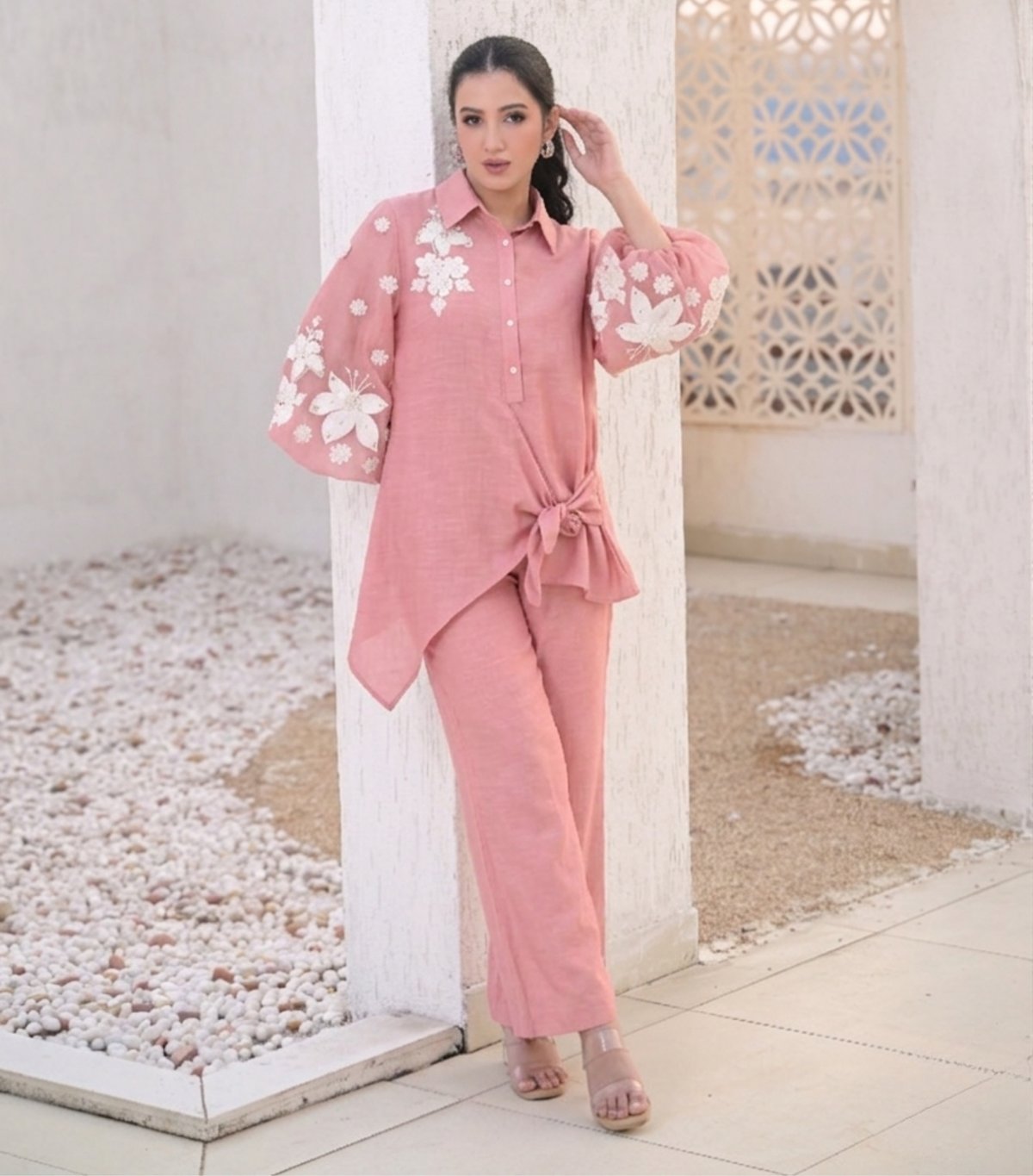 Ivory Garden Organza Sleeve Side Tie Up Co-Ord Set