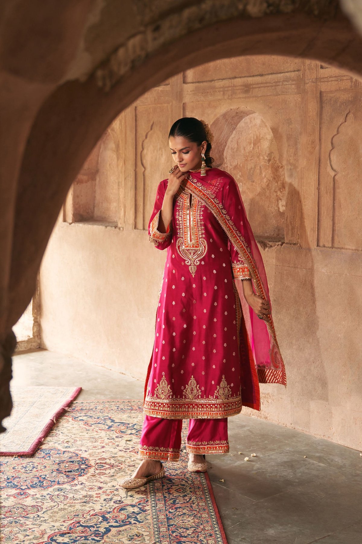 Hot Pink Embroidered A-Line Kurta Set with Palazzo and Dupatta