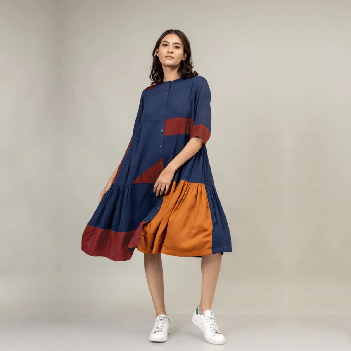 Blue Colorblocked Tiered Midi Dress with Button Placket