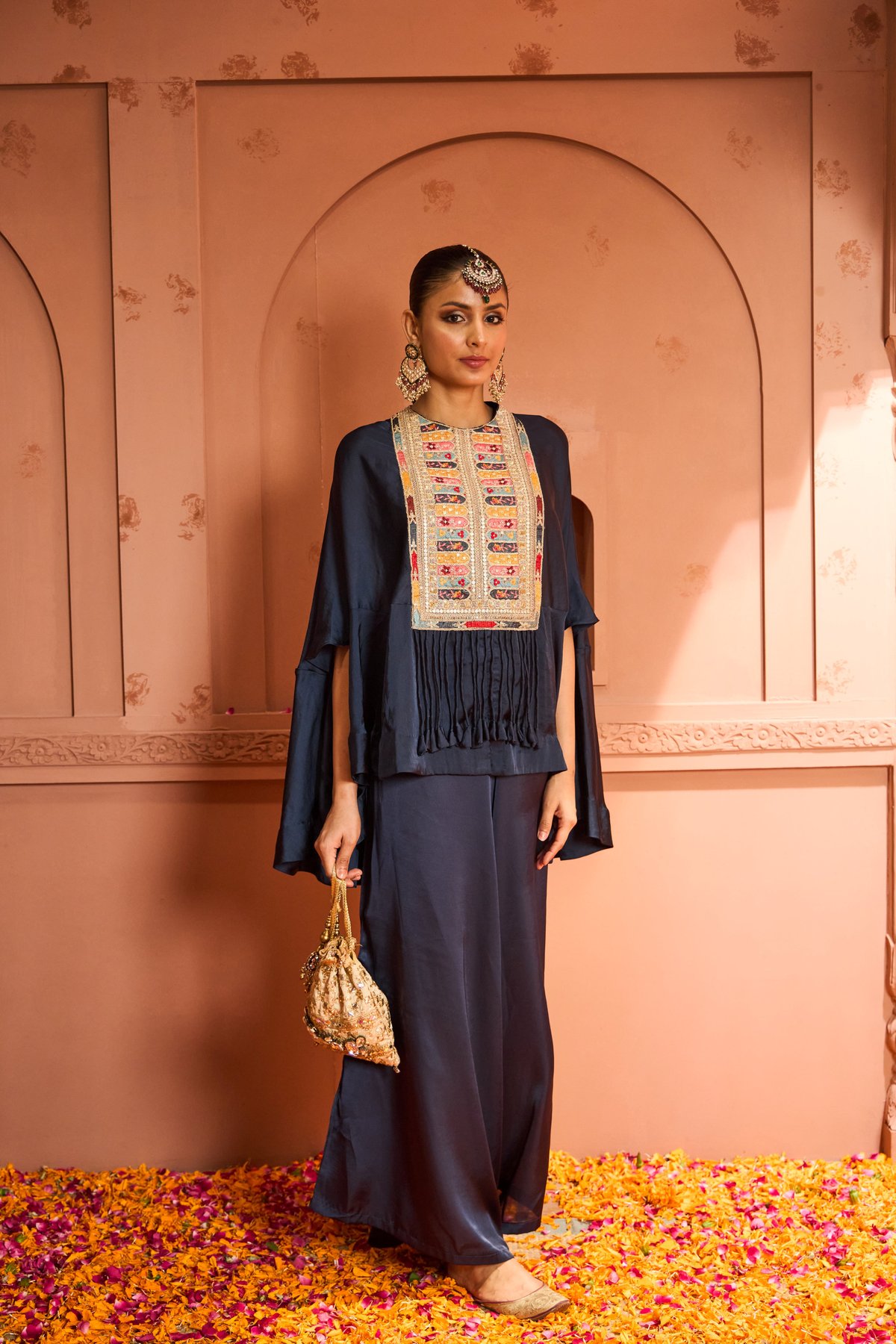 Blue Brocade Kaftan Top and Flared Pants Co-ord Set