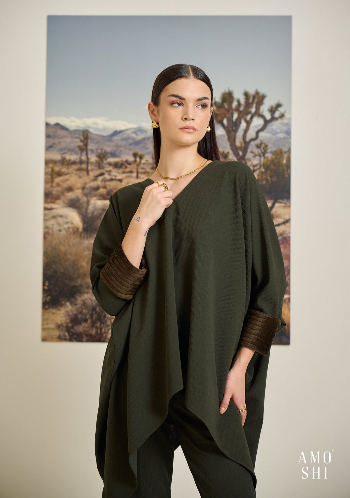 Olive V-Neck Kaftan Top with Fur Cuffs