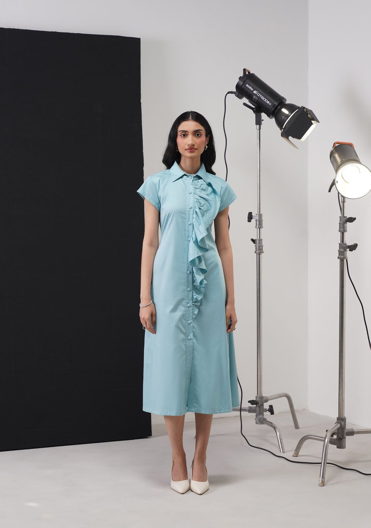 Soft Cyan Cotton Midi Shirt Dress with Ruffle Detail