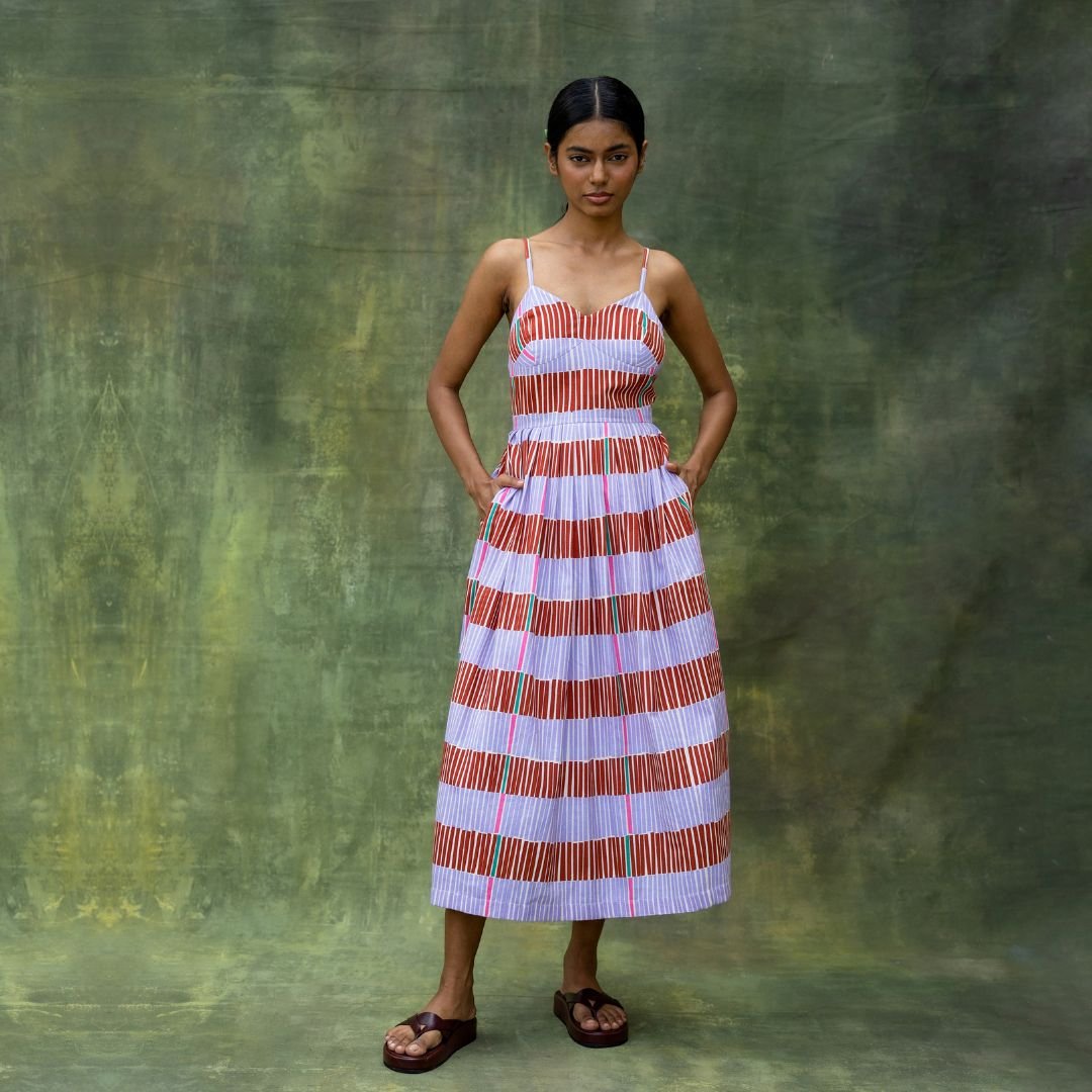 Lavender Striped Fit and Flare Midi Sundress with Back Bow