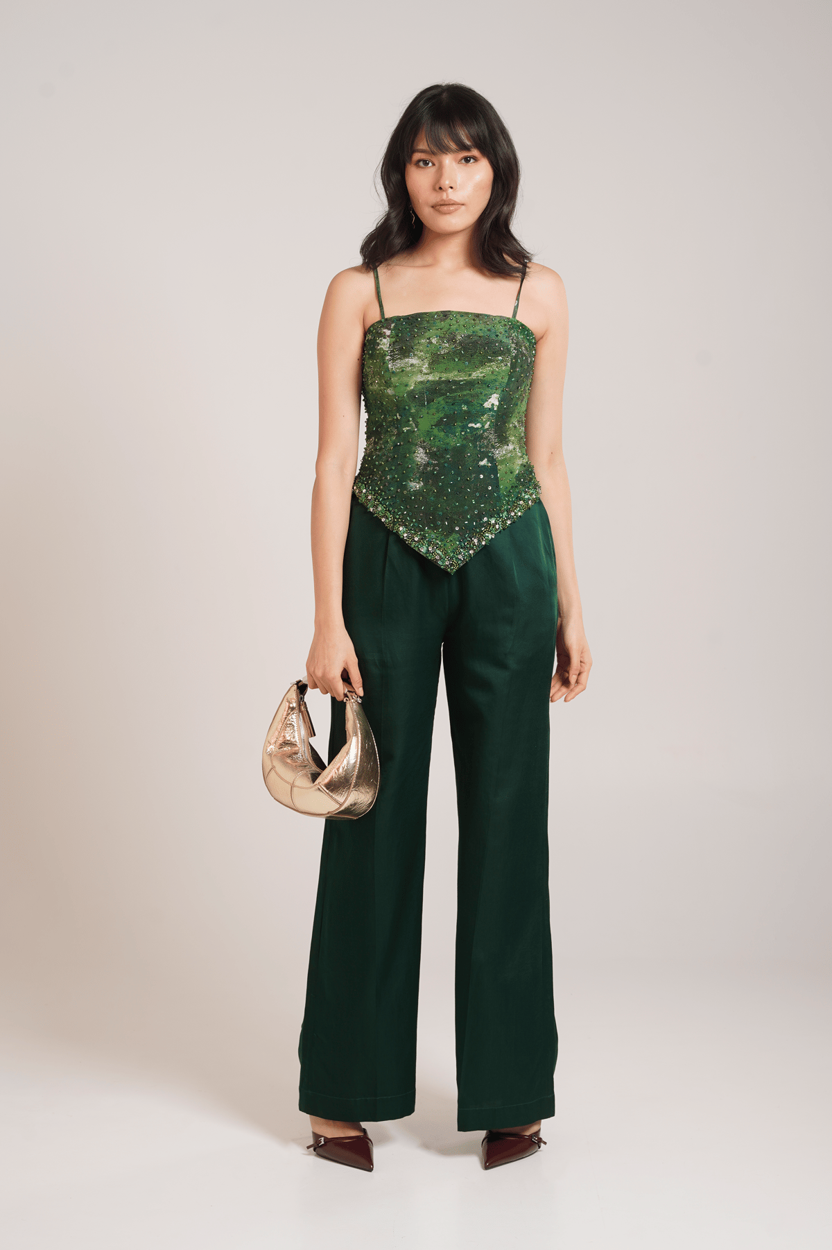 Green Printed Embellished Corset Top