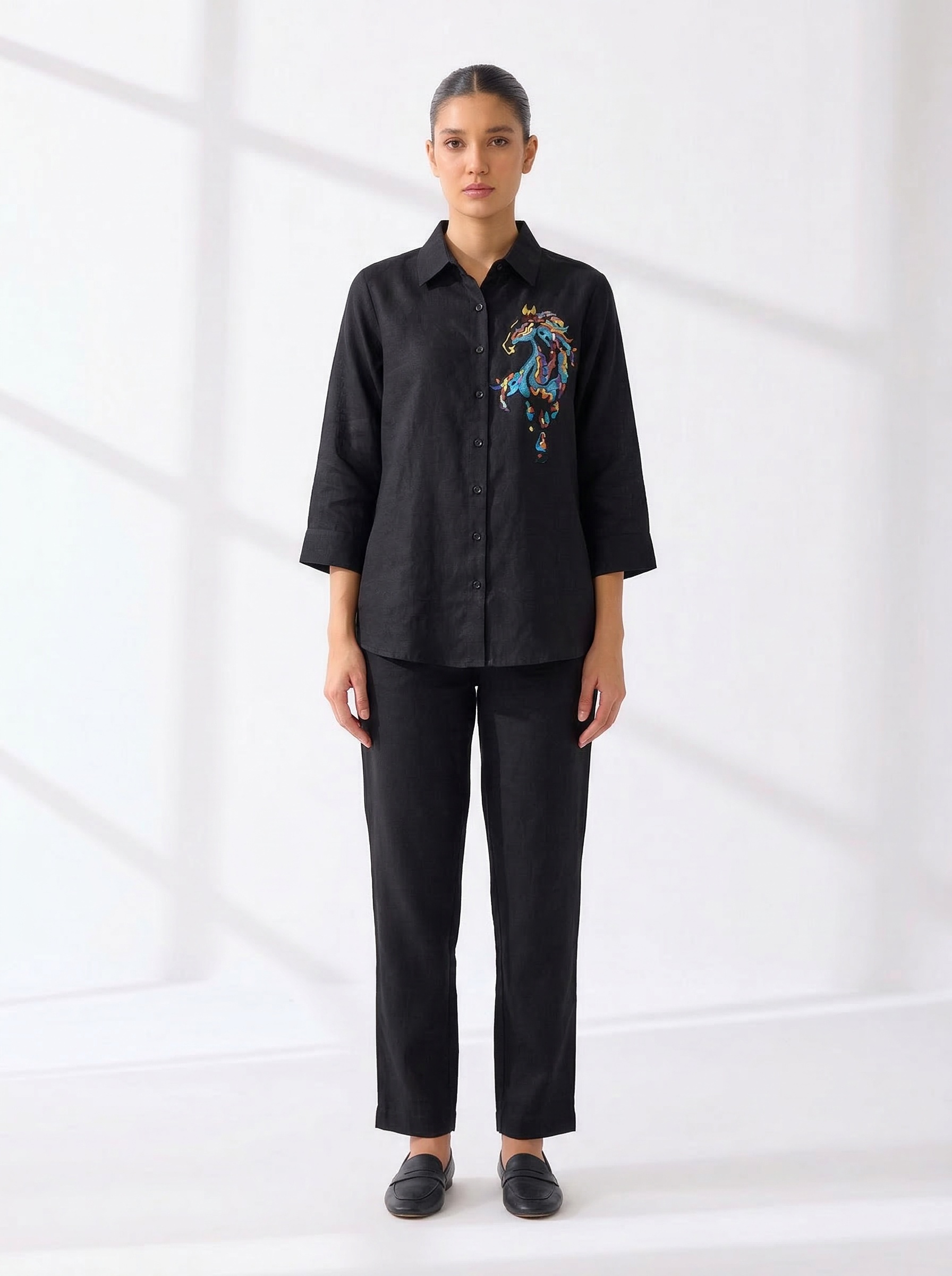 Black Abstract Horse  Emb Shirts Black color