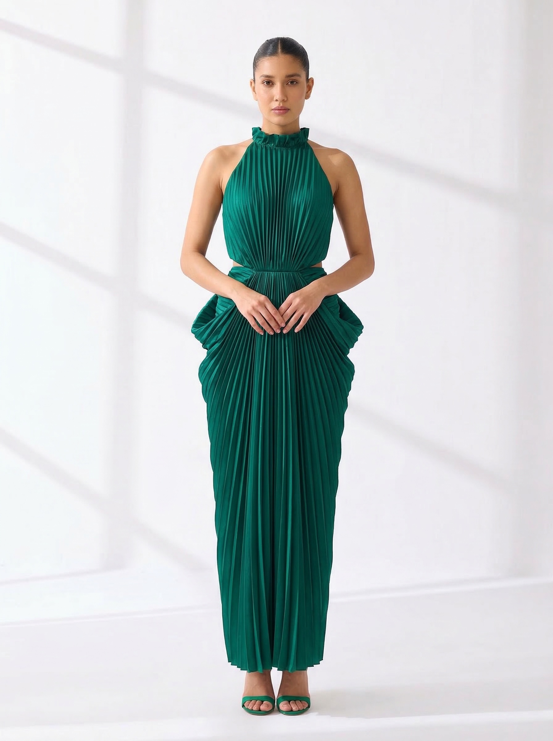 Pleated Halter Gown Green color