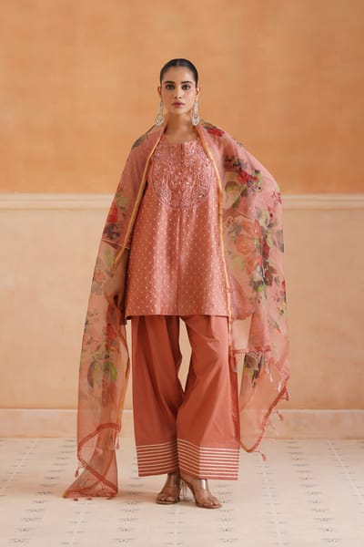 Peach Blush Embroidered Chanderi Kurta Set with Dupatta