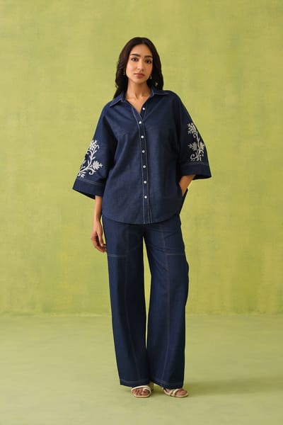 Denim Blue Embroidered Shirt and Wide-Leg Co-ord Set