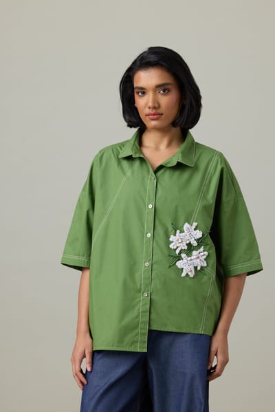 Moss Green Cotton Poplin Appliqué Shirt
