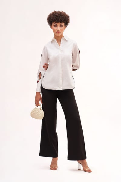 White Bug Motif Shirt with Contrast Piping