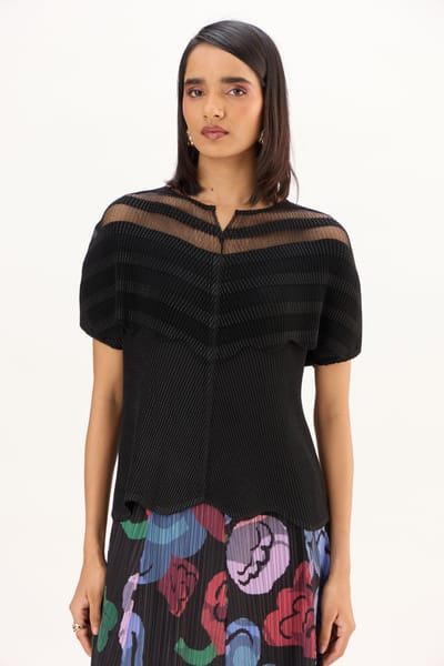 Black Pleated Top with Sheer Neckline and Scalloped Hem
