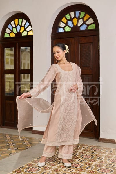 Vira - Powder Peach Chanderi Suit Set