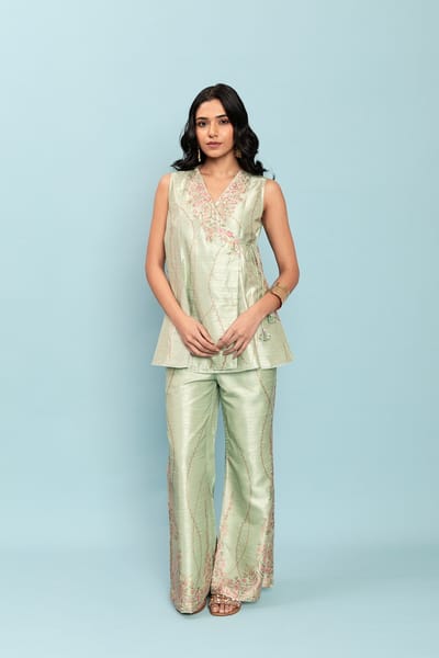 Mint Green Wrap Tunic and Wide-Leg Pants Co-ord Set