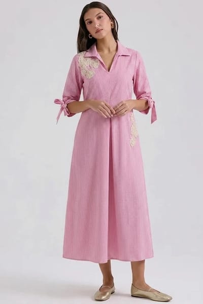 Pink Striped Shirt Midi Dress with Floral Appliqué