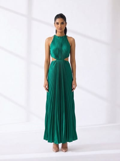 Green Halter-Neck Pleated Cut-Out Maxi Gown
