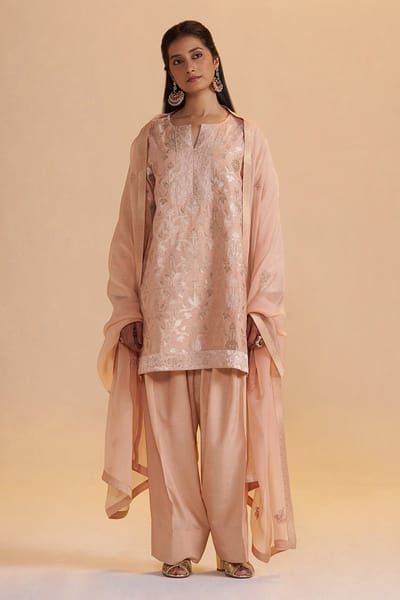 Blush Peach Banarasi Jacquard Straight Kurta Set
