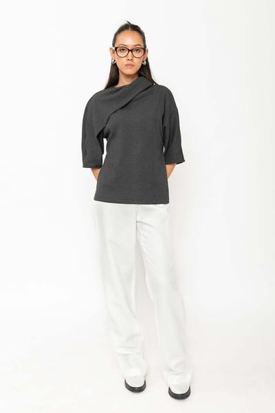 Grey Cotton Rib Asymmetric High Neck Relaxed Fit Top