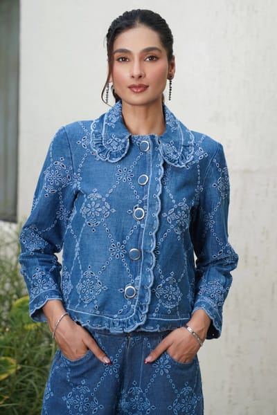 Denim Blue Schiffli Embroidered Button-Front Shirt